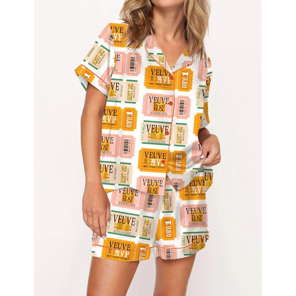 Champagne Tickets Satin Pajama Set For Women