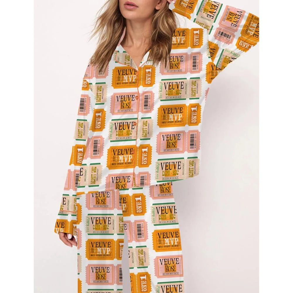 Champagne Tickets Satin Pajama Set For Women - Image 2
