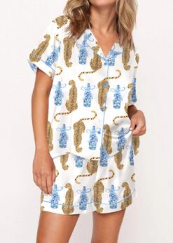 Cheetah Chinoiserie Champagne Bottle Satin Pajama Set For Women