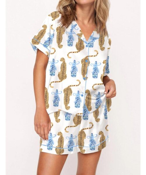 Cheetah Chinoiserie Champagne Bottle Satin Pajama Set For Women