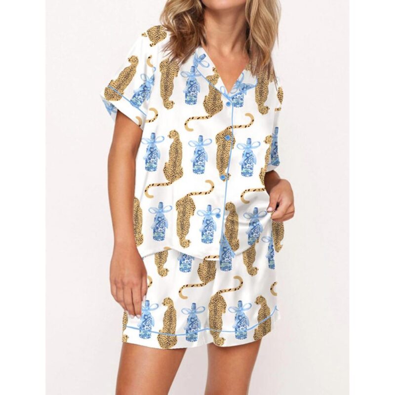 Cheetah Chinoiserie Champagne Bottle Satin Pajama Set For Women