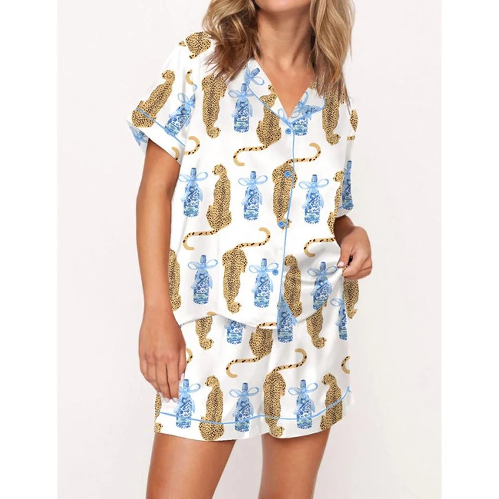 Cheetah Chinoiserie Champagne Bottle Satin Pajama Set For Women
