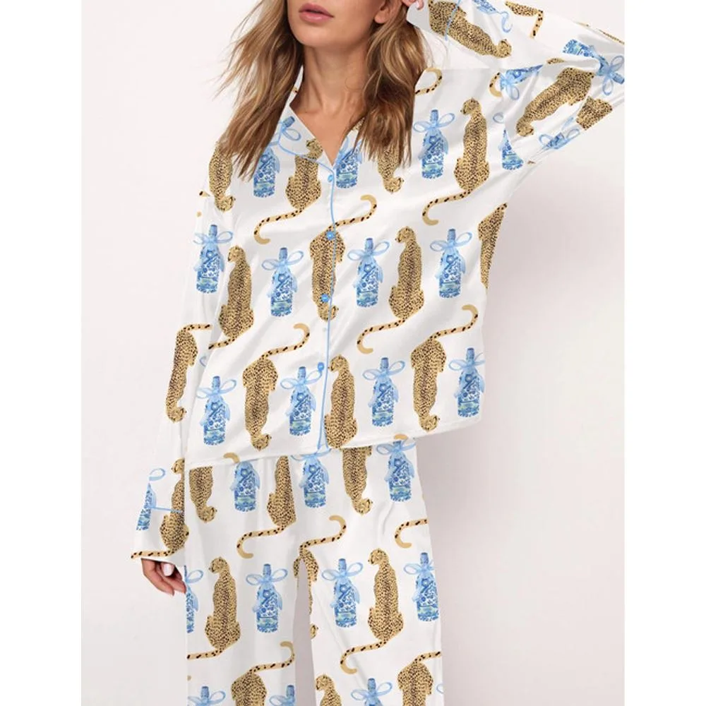Cheetah Chinoiserie Champagne Bottle Satin Pajama Set For Women - Image 2