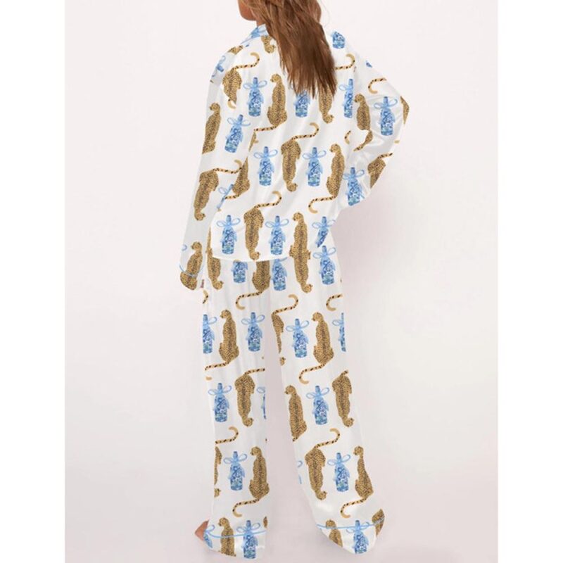 Cheetah Chinoiserie Champagne Bottle Satin Pajama Set For Women - Image 3