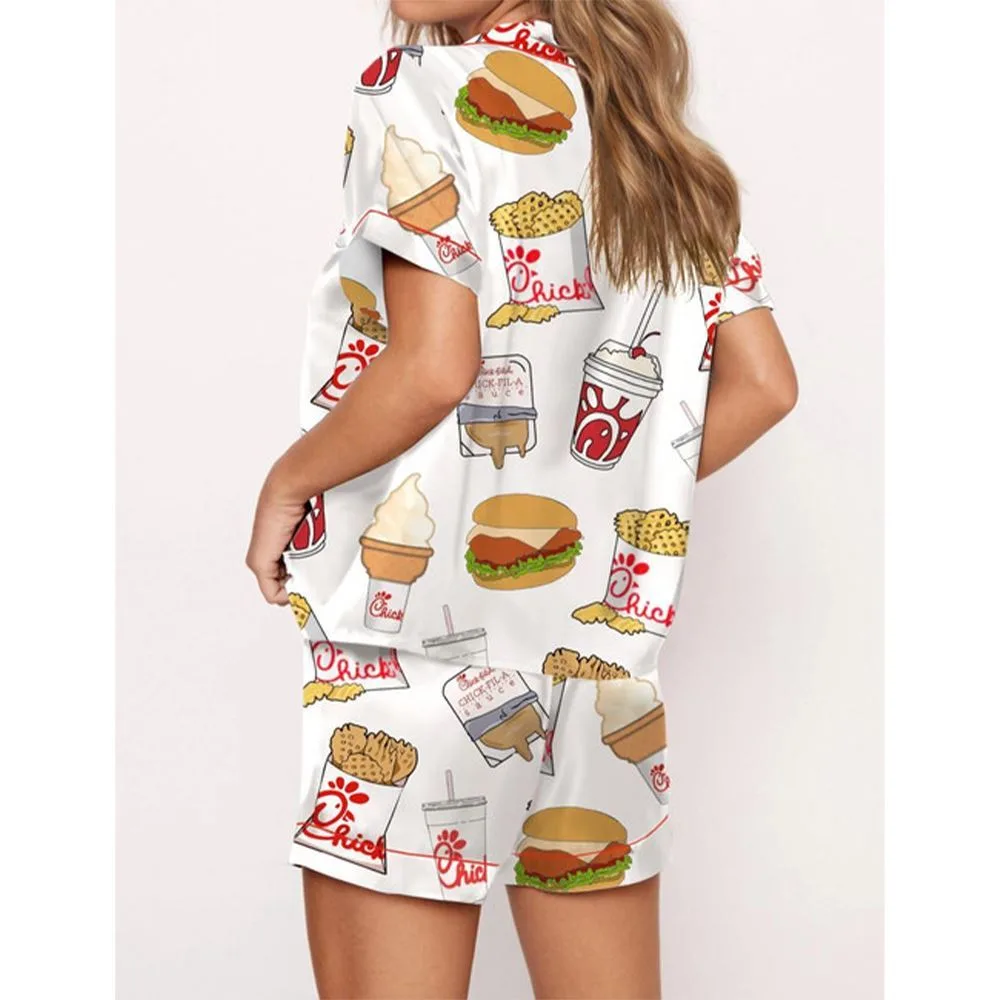 Chicken Nuggets Fast Food Satin Pajama Set For Women - Image 2