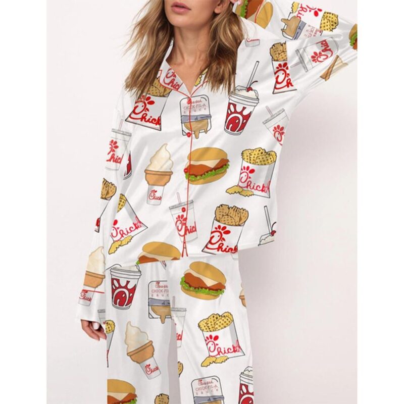 Chicken Nuggets Fast Food Satin Pajama Set For Women - Image 3