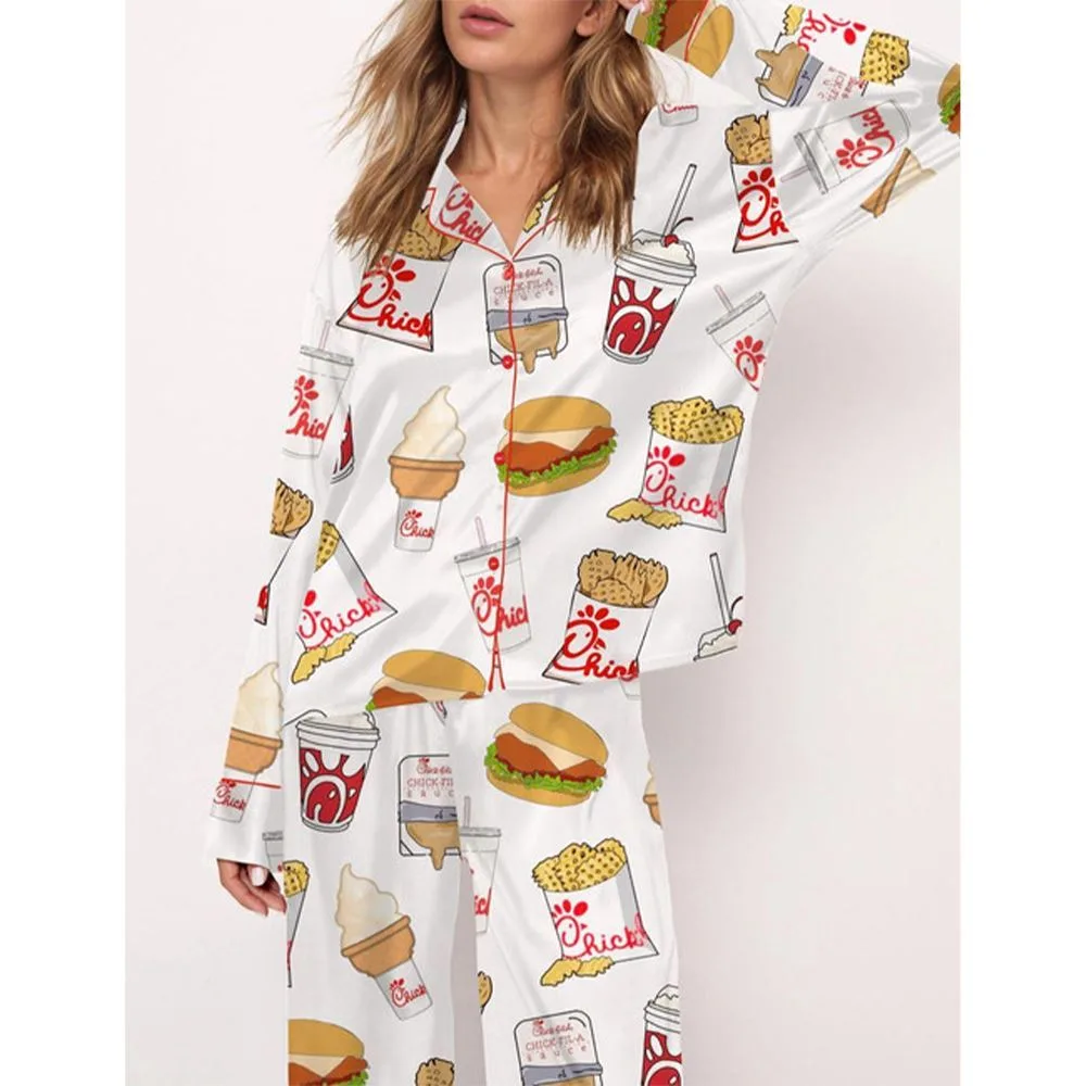 Chicken Nuggets Fast Food Satin Pajama Set For Women - Image 3