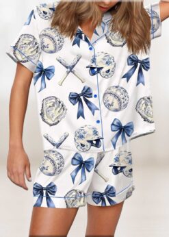 Chinoiserie Baseball Silky Satin Pajama Set For Women