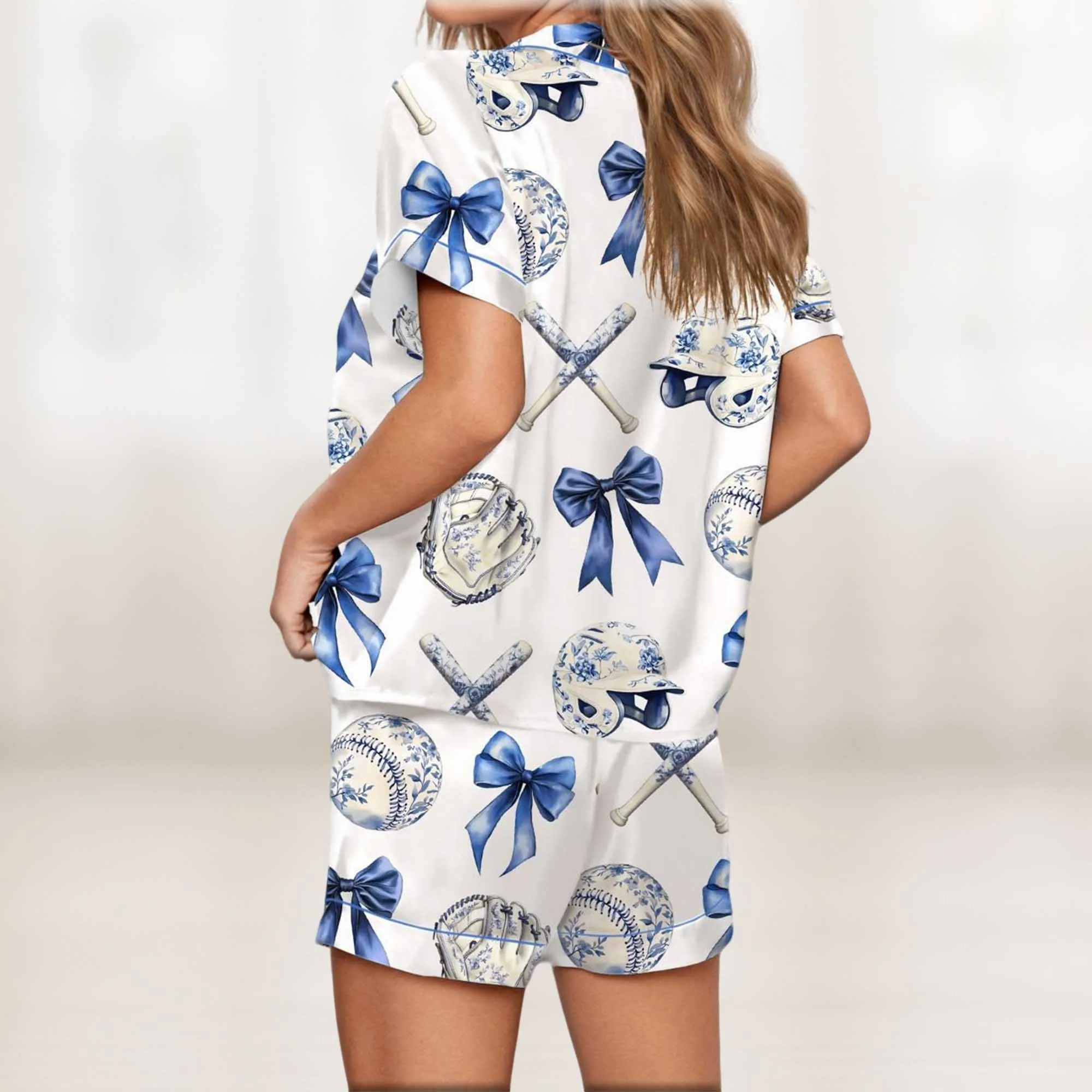 Chinoiserie Baseball Silky Satin Pajama Set For Women - Image 2
