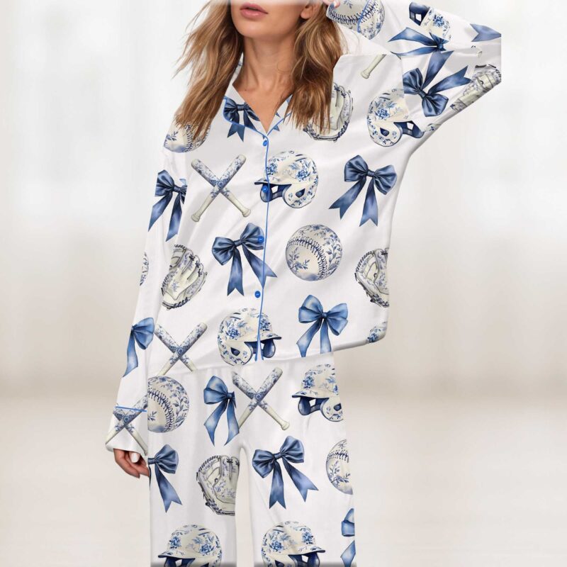 Chinoiserie Baseball Silky Satin Pajama Set For Women - Image 4