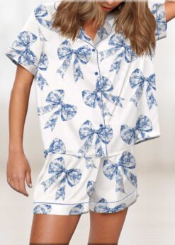 Chinoiserie Bow Silky Satin Pajama Set For Women