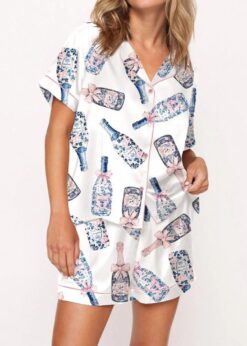 Chinoiserie Champagne Satin Pajama Set For Women