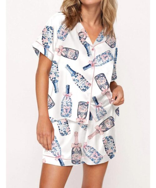Chinoiserie Champagne Satin Pajama Set For Women