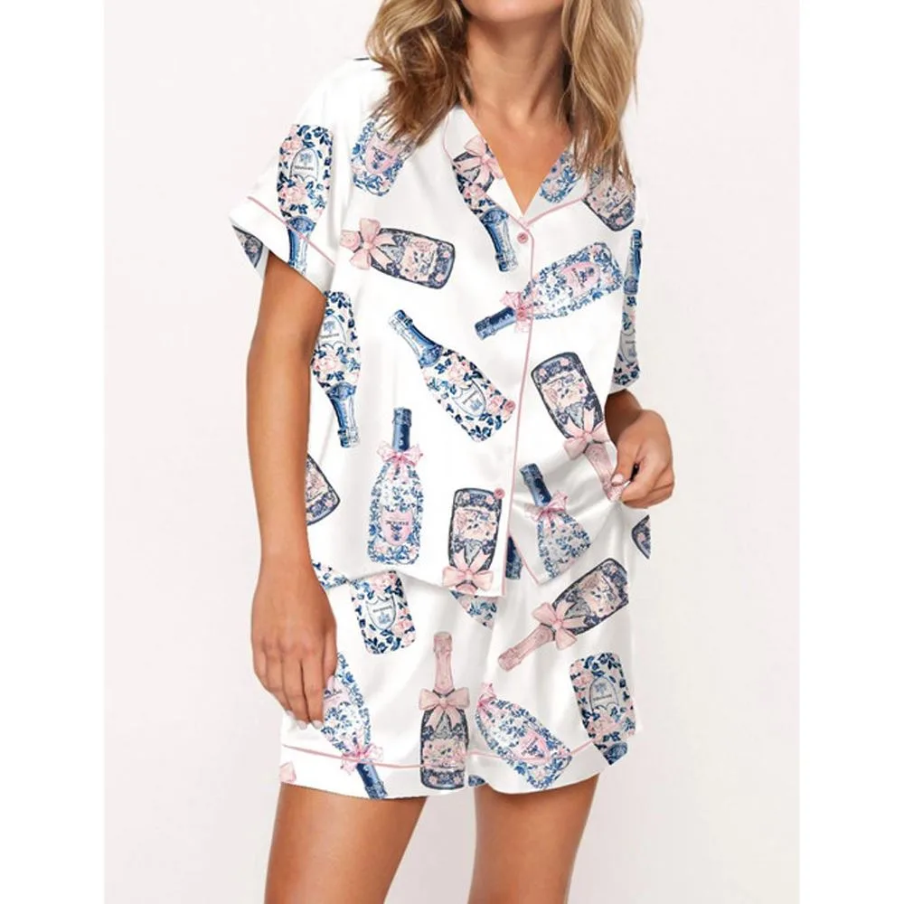 Chinoiserie Champagne Satin Pajama Set For Women