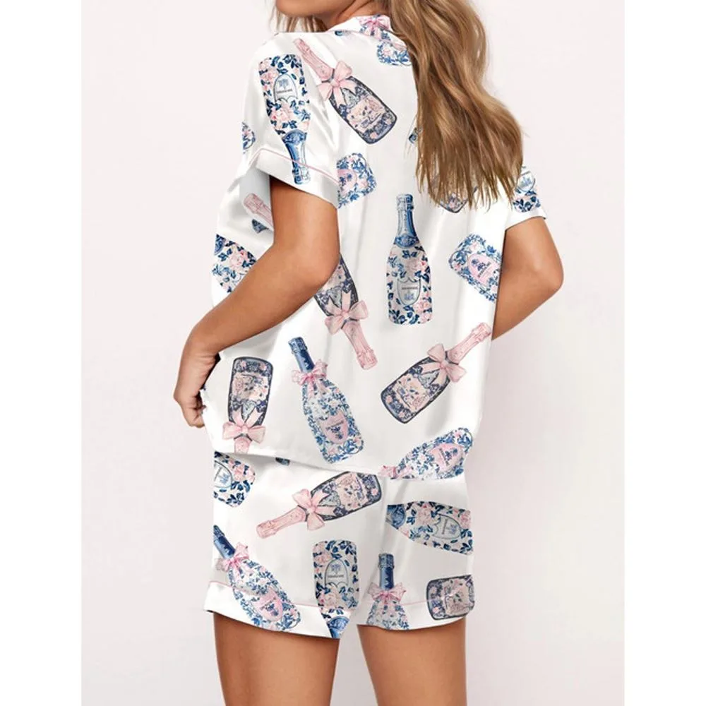 Chinoiserie Champagne Satin Pajama Set For Women - Image 2