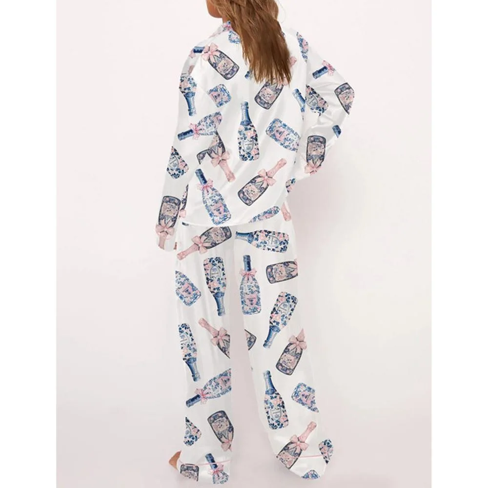 Chinoiserie Champagne Satin Pajama Set For Women - Image 4