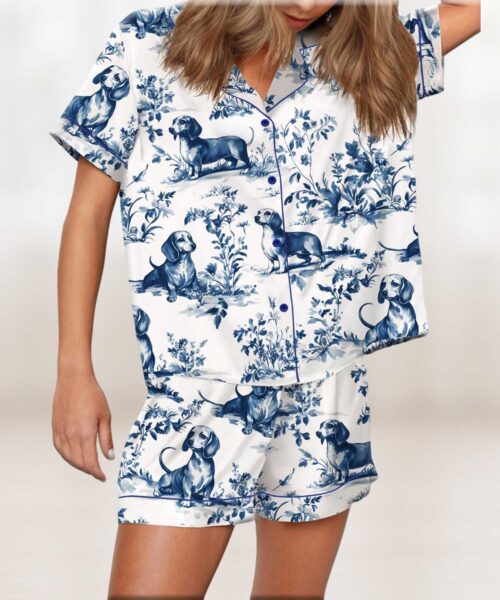 Chinoiserie Dachshund Silky Satin Pajama Set For Women