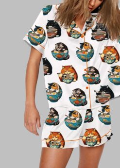 Chonky Black Cat Ramen Japanese Noodles Pajama Set