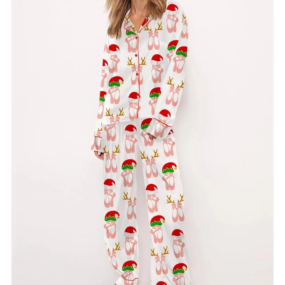 Christmas Ballet Shoes Satin Pajama Set For Women