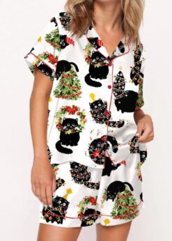 Christmas Black Cat Satin Pajama Set For Women