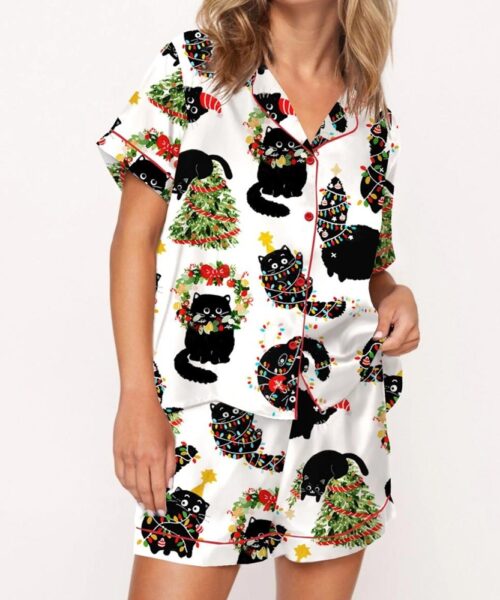 Christmas Black Cat Satin Pajama Set For Women
