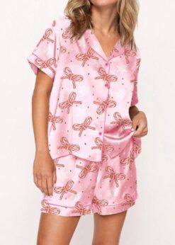 Christmas Bows Satin Pajama Set For Women