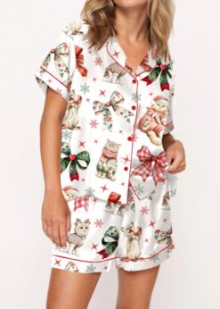 Christmas Coquette Cat Satin Pajama Set For Women