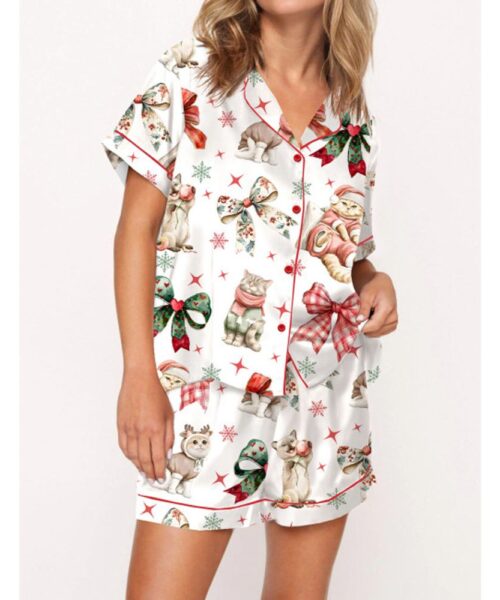 Christmas Coquette Cat Satin Pajama Set For Women