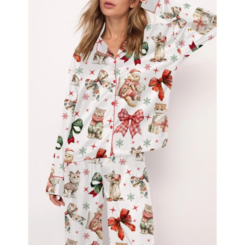 Christmas Coquette Cat Satin Pajama Set For Women - Image 2