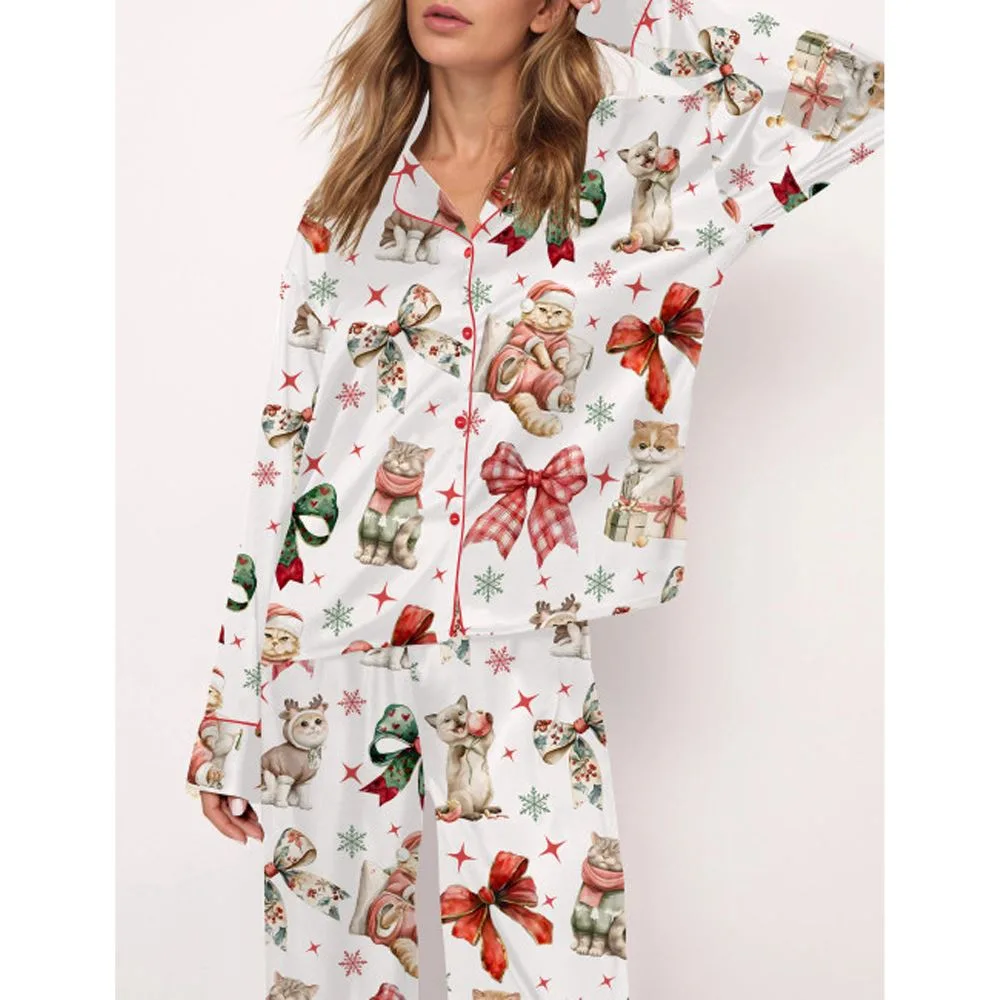 Christmas Coquette Cat Satin Pajama Set For Women - Image 2