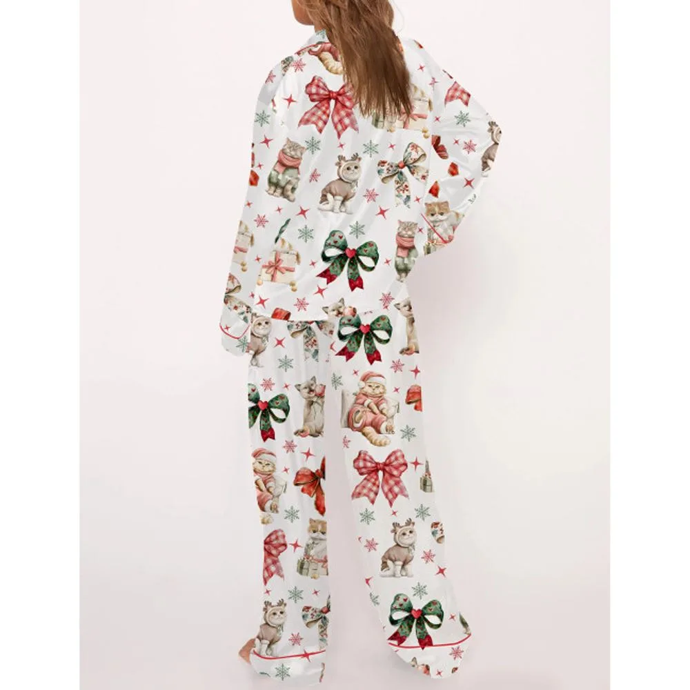 Christmas Coquette Cat Satin Pajama Set For Women - Image 3