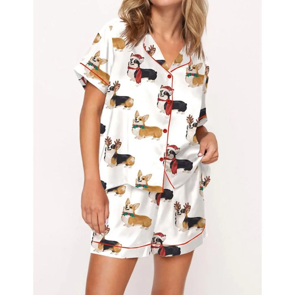 Christmas Corgi Satin Pajama Set For Women - Image 3