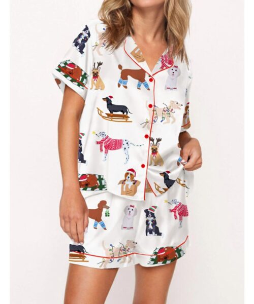 Christmas Doggy Satin Pajama Set For Women