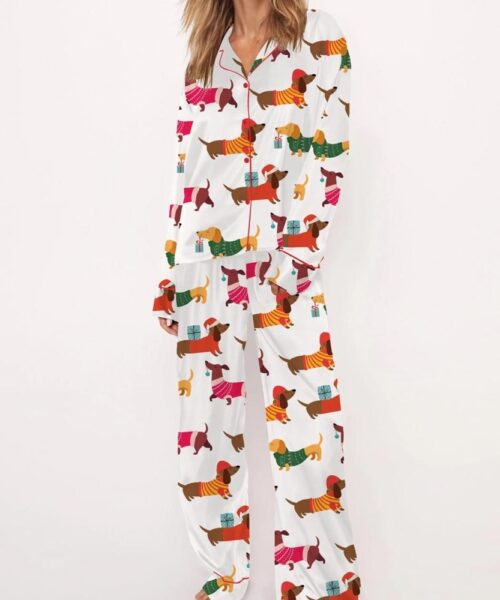 Christmas Festive Dachshund Satin Pajama Set For Women