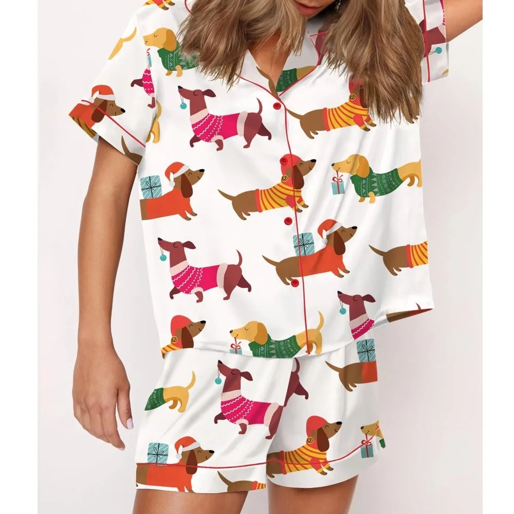 Christmas Festive Dachshund Satin Pajama Set For Women - Image 2