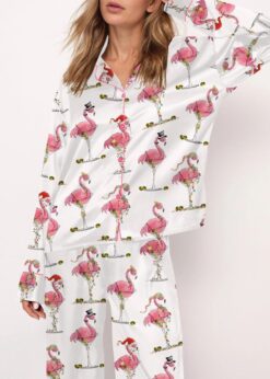 Christmas Flamingo Martini Satin Pajama Set For Women