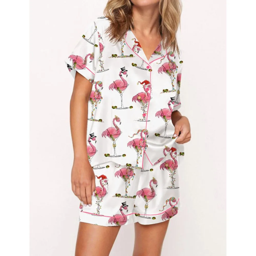 Christmas Flamingo Martini Satin Pajama Set For Women - Image 2