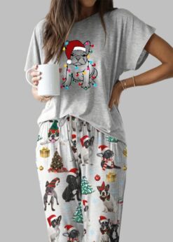 Christmas French Bulldog Casual Pajama Set For Women