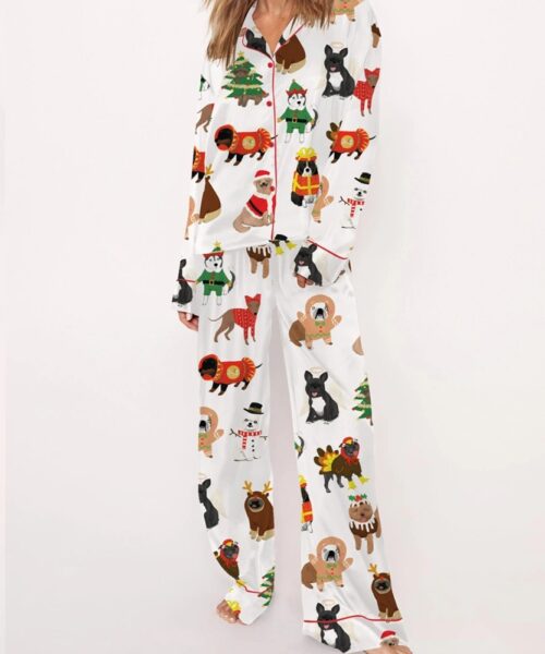 Christmas Funny Dogs Satin Pajama Set For Women