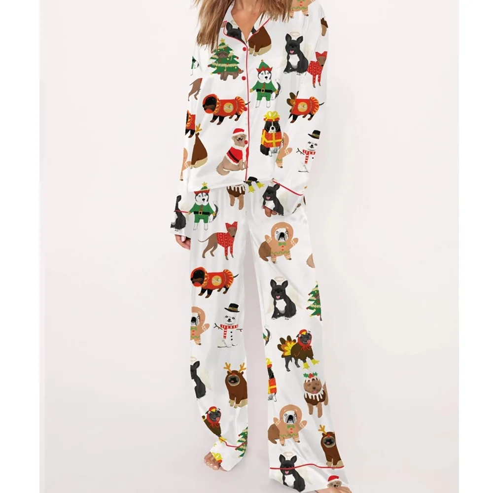 Christmas Funny Dogs Satin Pajama Set For Women