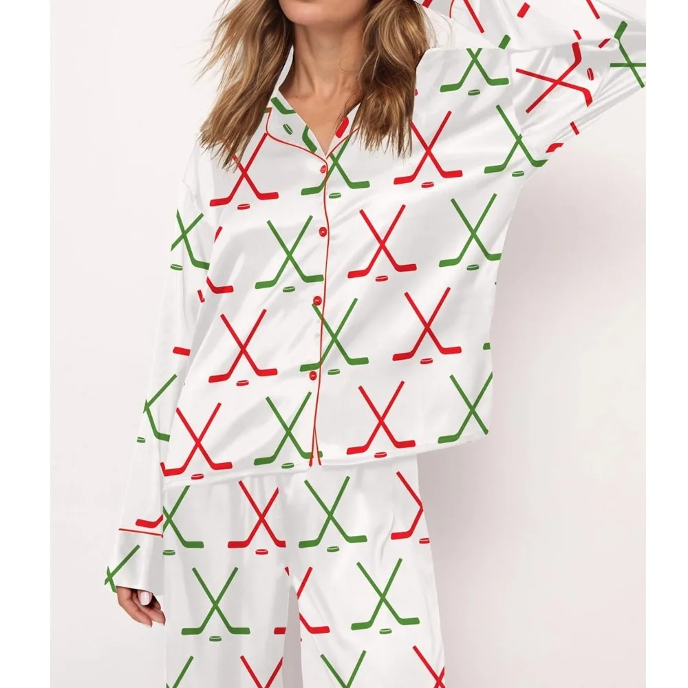 Christmas Ice Hockey Satin Pajama Set For Women
