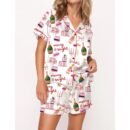 Christmas Pink Champagne Macarons Satin Pajama Set For Women