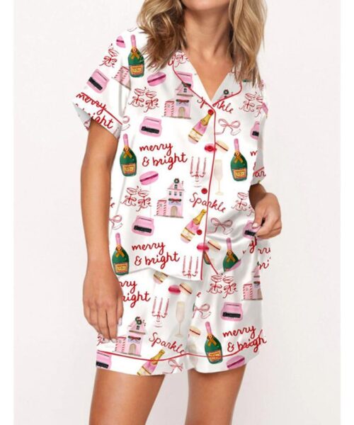 Christmas Pink Champagne Macarons Satin Pajama Set For Women