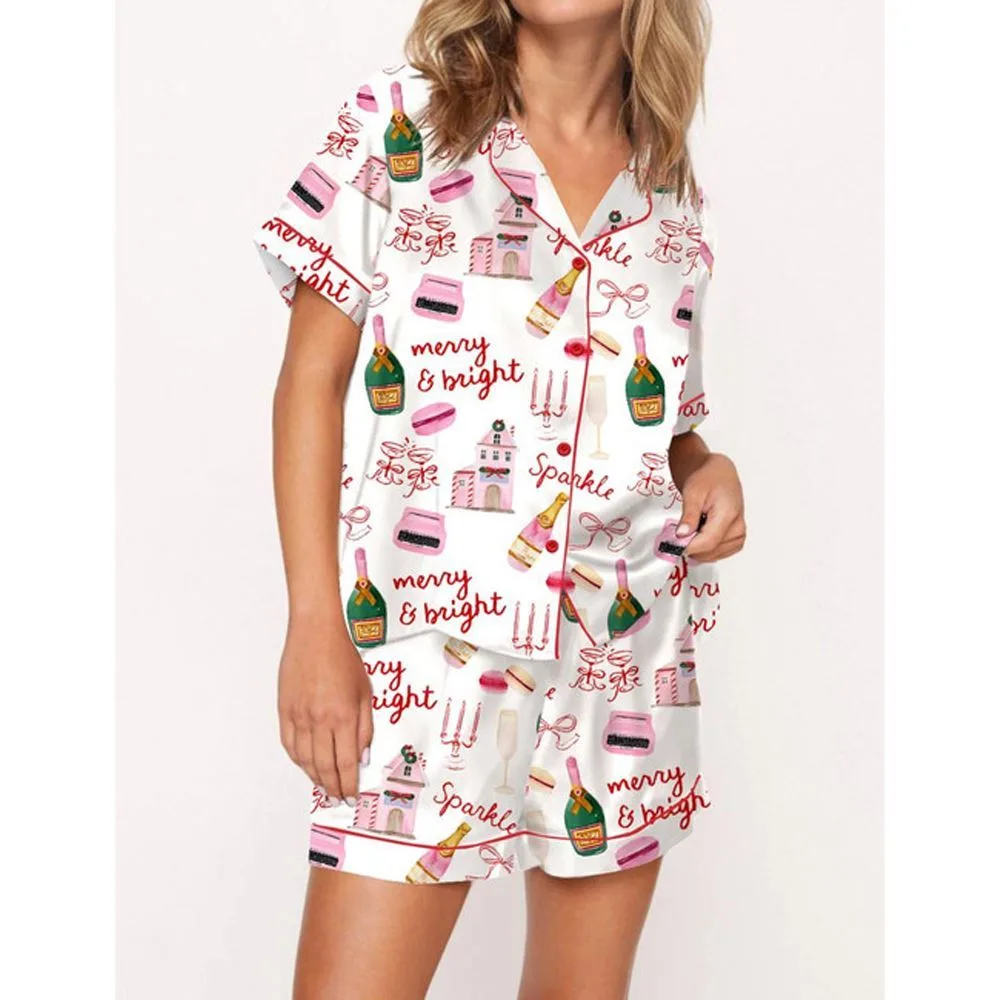 Christmas Pink Champagne Macarons Satin Pajama Set For Women