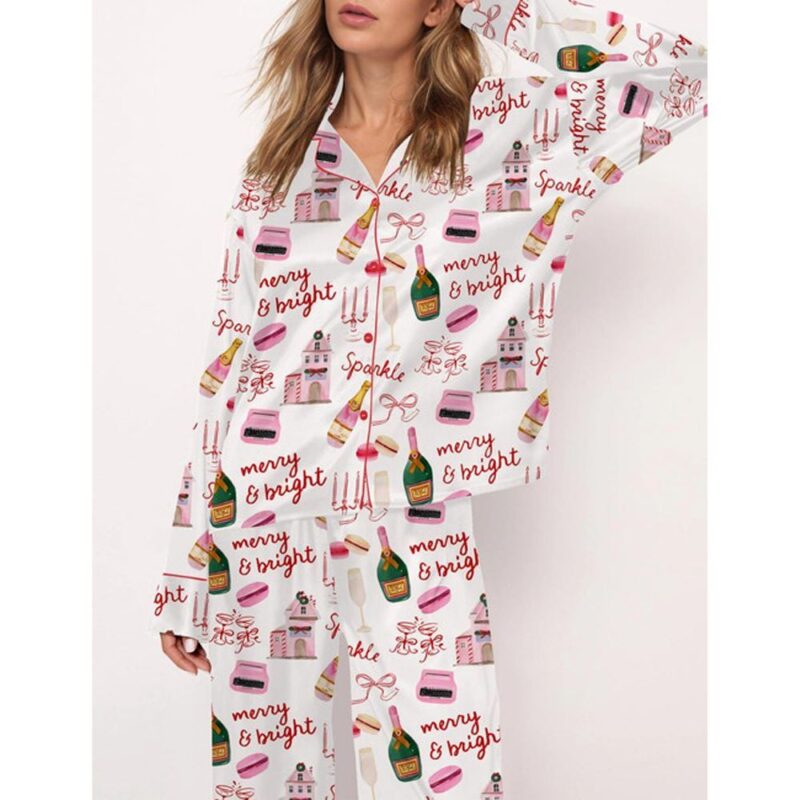 Christmas Pink Champagne Macarons Satin Pajama Set For Women - Image 2
