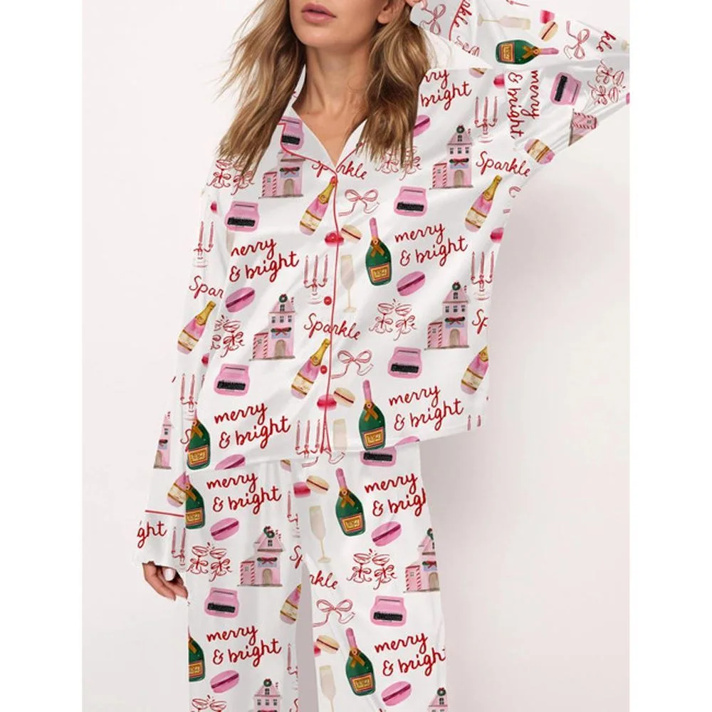 Christmas Pink Champagne Macarons Satin Pajama Set For Women - Image 2