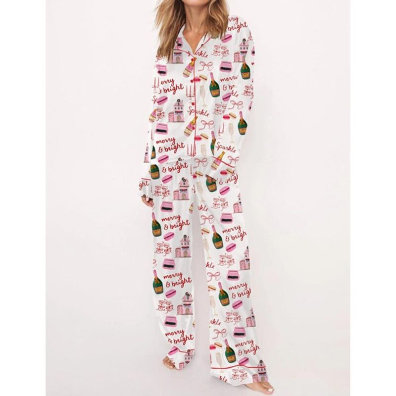 Christmas Pink Champagne Macarons Satin Pajama Set For Women - Image 3