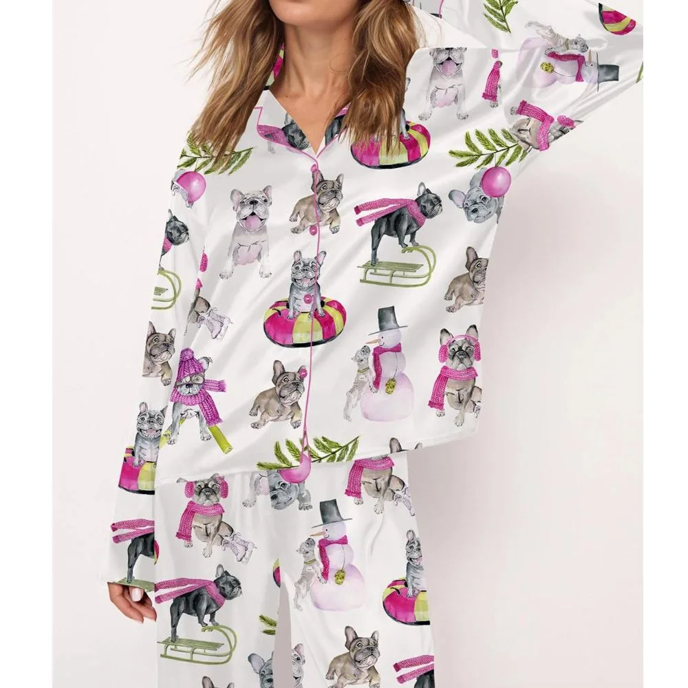 Christmas Skiing French Bulldog Satin Pajama Set