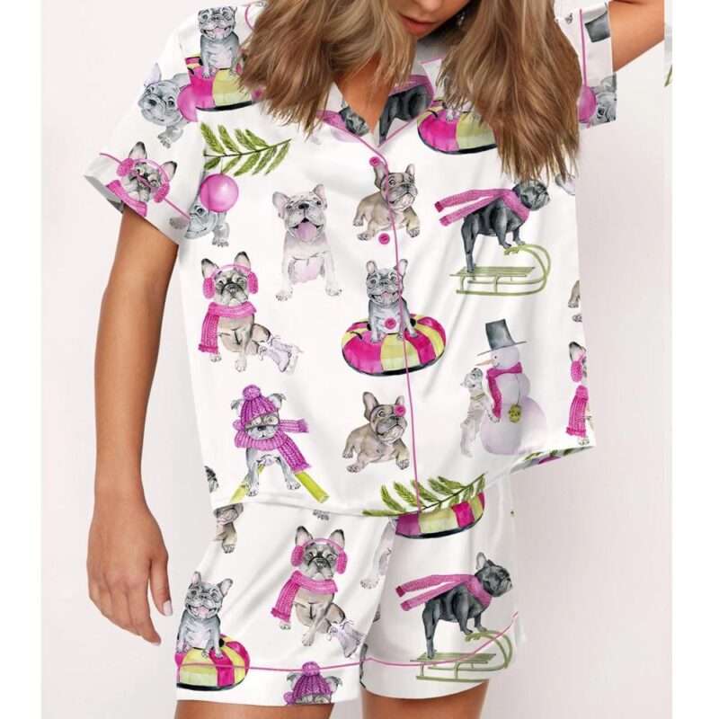 Christmas Skiing French Bulldog Satin Pajama Set - Image 2