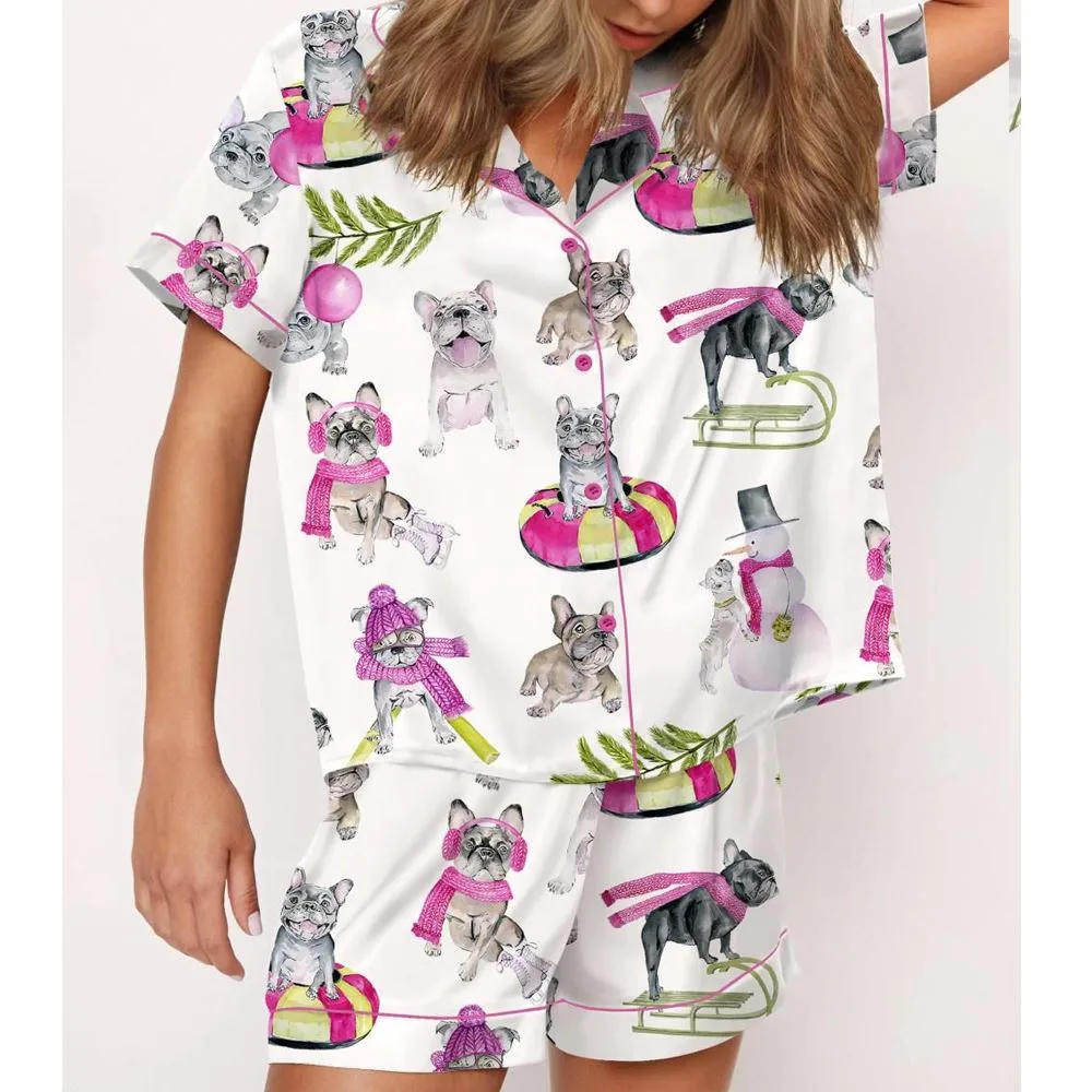 Christmas Skiing French Bulldog Satin Pajama Set - Image 2